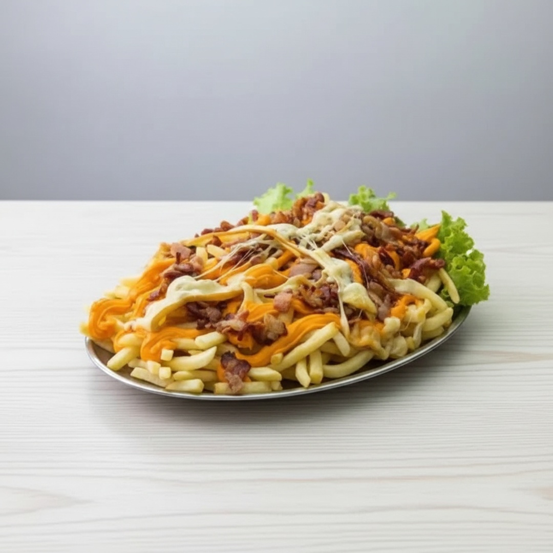BATATA FRITA CROCANTE, CARREGADA DE CHEDDAR, BACON E CALABRESA.