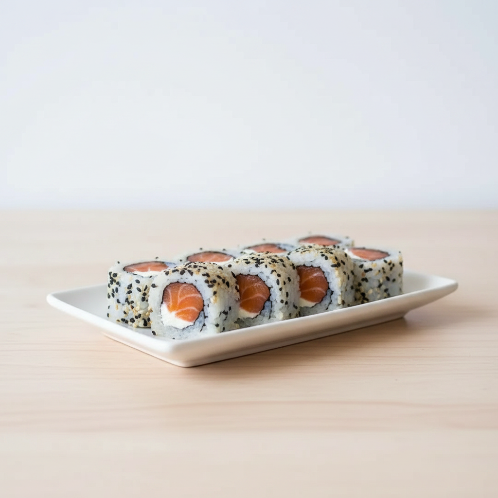 Alga, arroz japonês, gergelim. Recheio: salmão, cream cheese e cebolinha
