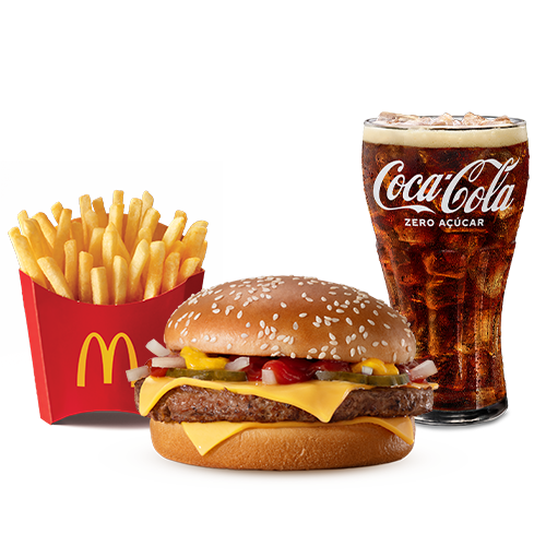 Um hambúrguer (100% carne bovina), queijo cheddar, picles, cebola, ketchup, mostarda e pão com gergelim, acompanhamento e bebida.