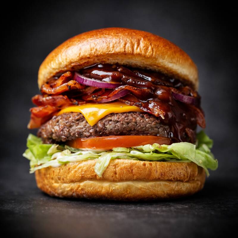 Pão de brioche selado, maionese Hellmann's cremosa, alface americana, rodela de tomate, um hambúrguer artesanal de 120g, fatia de queijo cheddar derretido, tiras de bacon crocante, rodelas de cebola roxa, além do molho Tasty Kones e o molho barbecue. Sem dúvida, o nosso carro-chefe <3