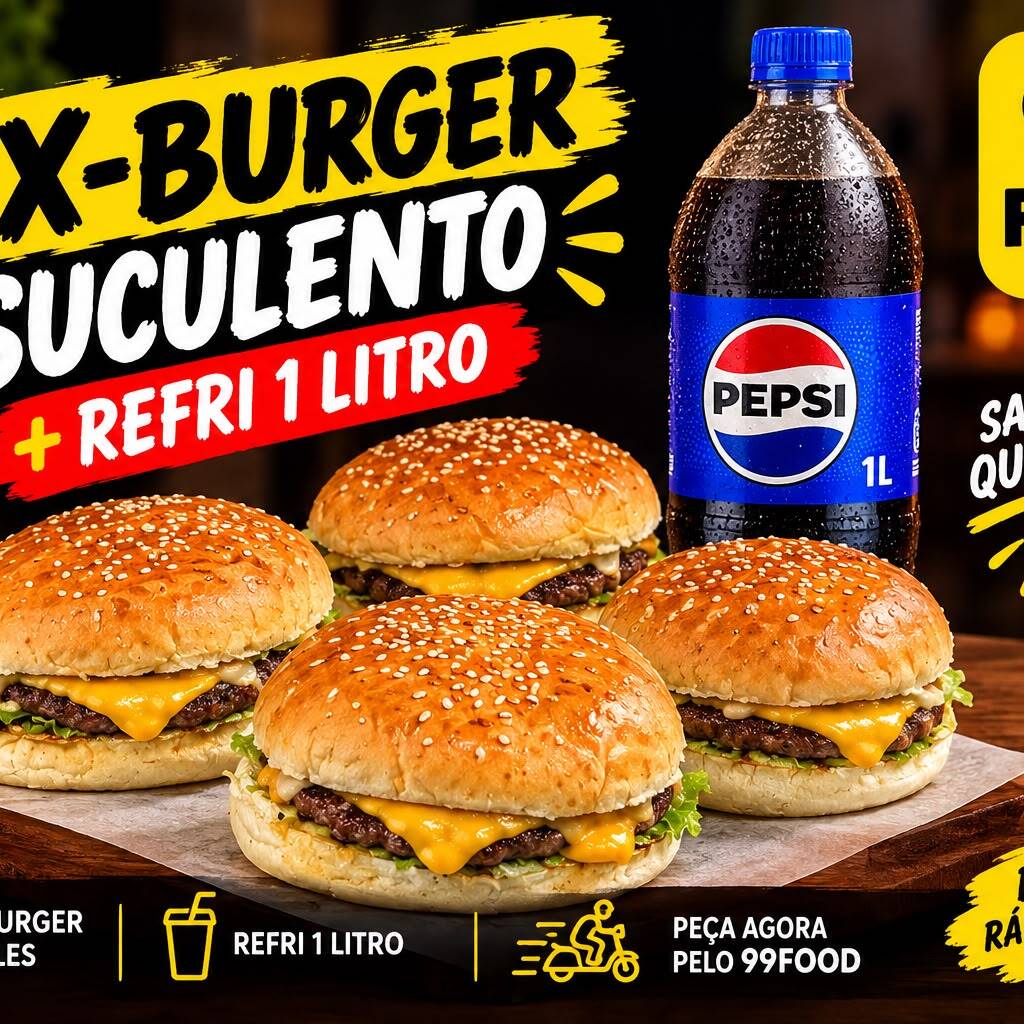 4 x burger carne queijo,maioneses temperada, barbecue,catchup e salada + Refri litro