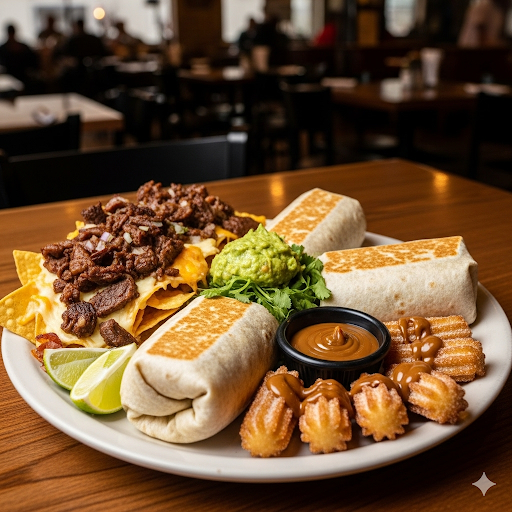 3 burritos ou 3 quesadillas ou 3 hamburgueres + batata ou nachos + 1 porção de churros