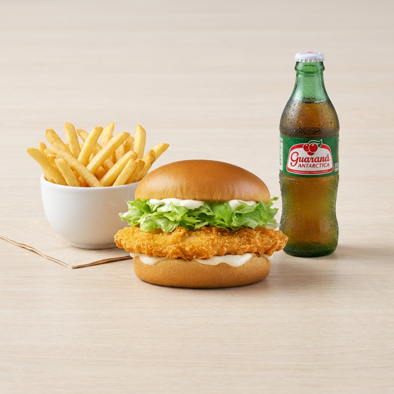 Pão, burger de frango 150gr, molho especial, cebola e alface. Acompanha fritas e bebida