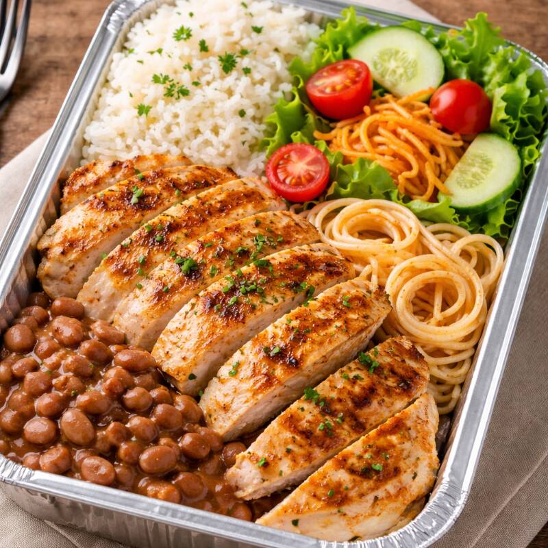 arroz branco , feijao de caldo , macarrao e salada.