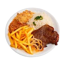 Arroz , feijão , macarrão , farofa , polenta frita e bife , acompanha salada .