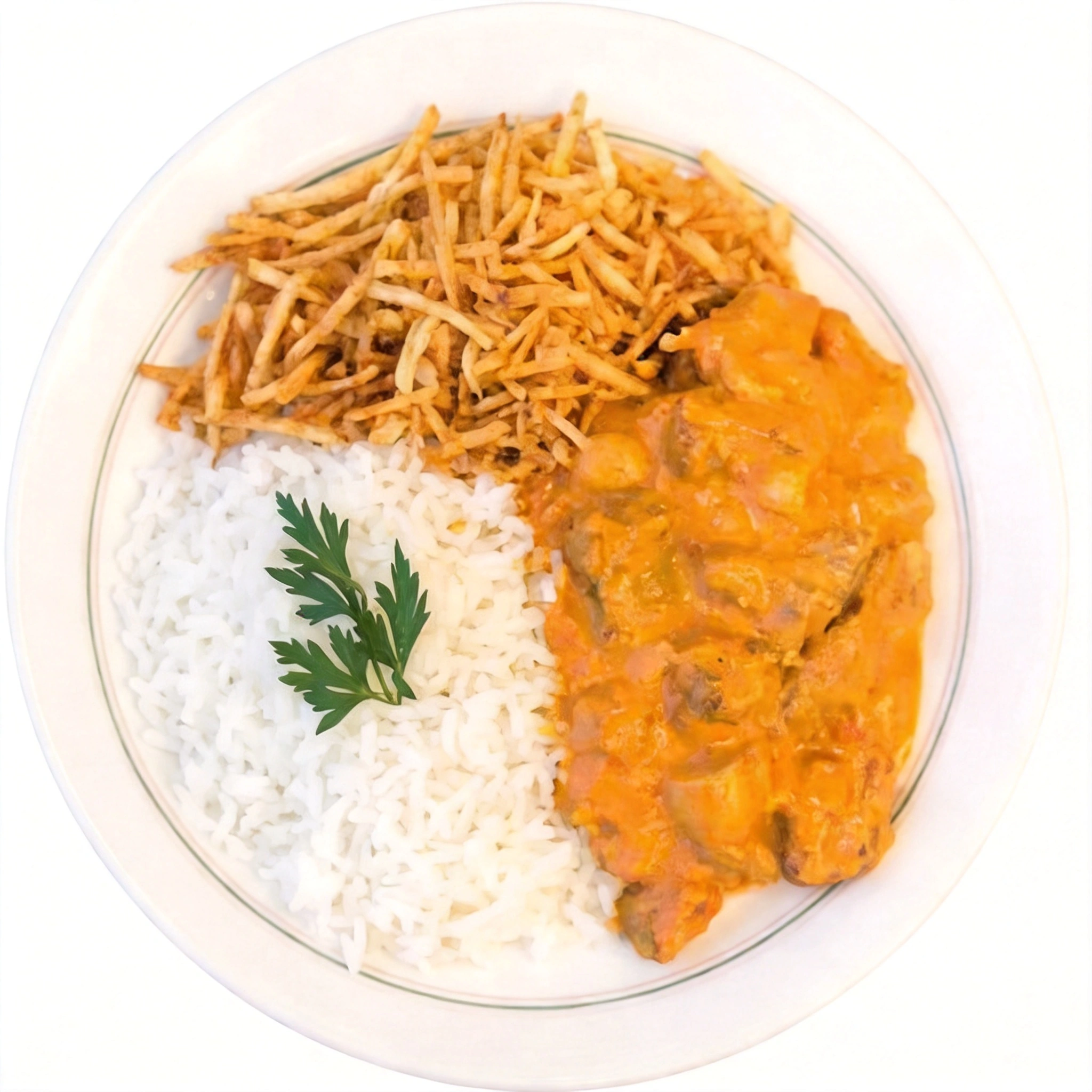 Acompanhado Arroz Branco, Batata Palha.