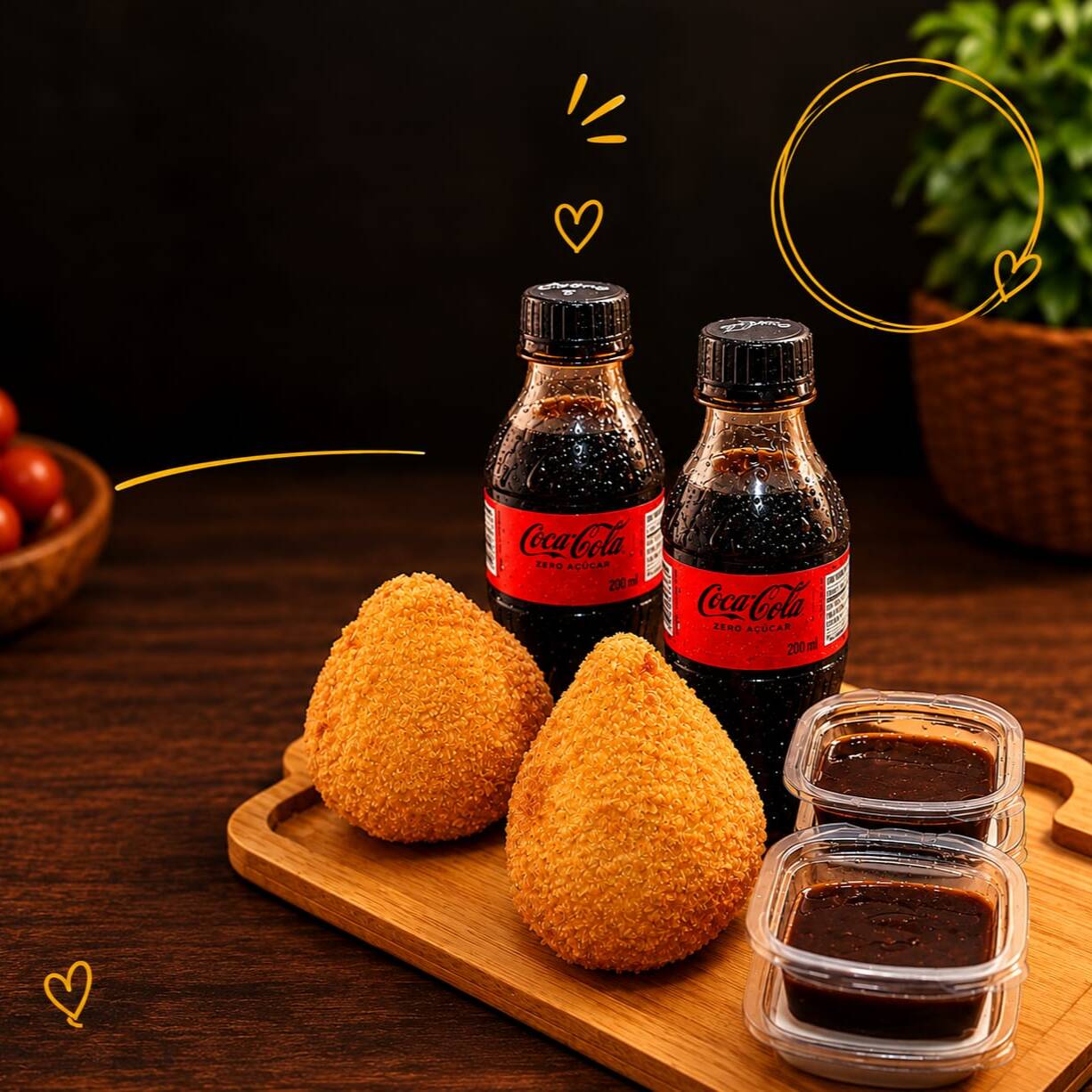 Coxinha suculenta de costela,molho,coca zero