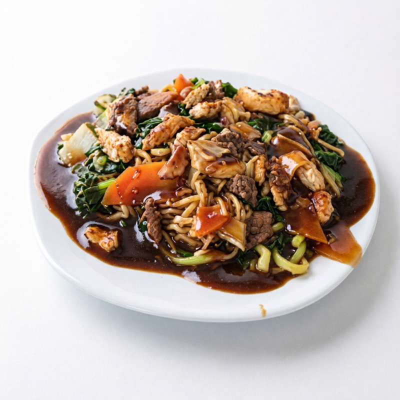 Experimente um prato cheio de sabor, com macarrão oriental artesanal, combinado com carne, frango, acelga e cenoura, tudo isso envolto em um delicioso molho shoyu. Uma verdadeira experiência gastronômica para os amantes da culinária asiática.