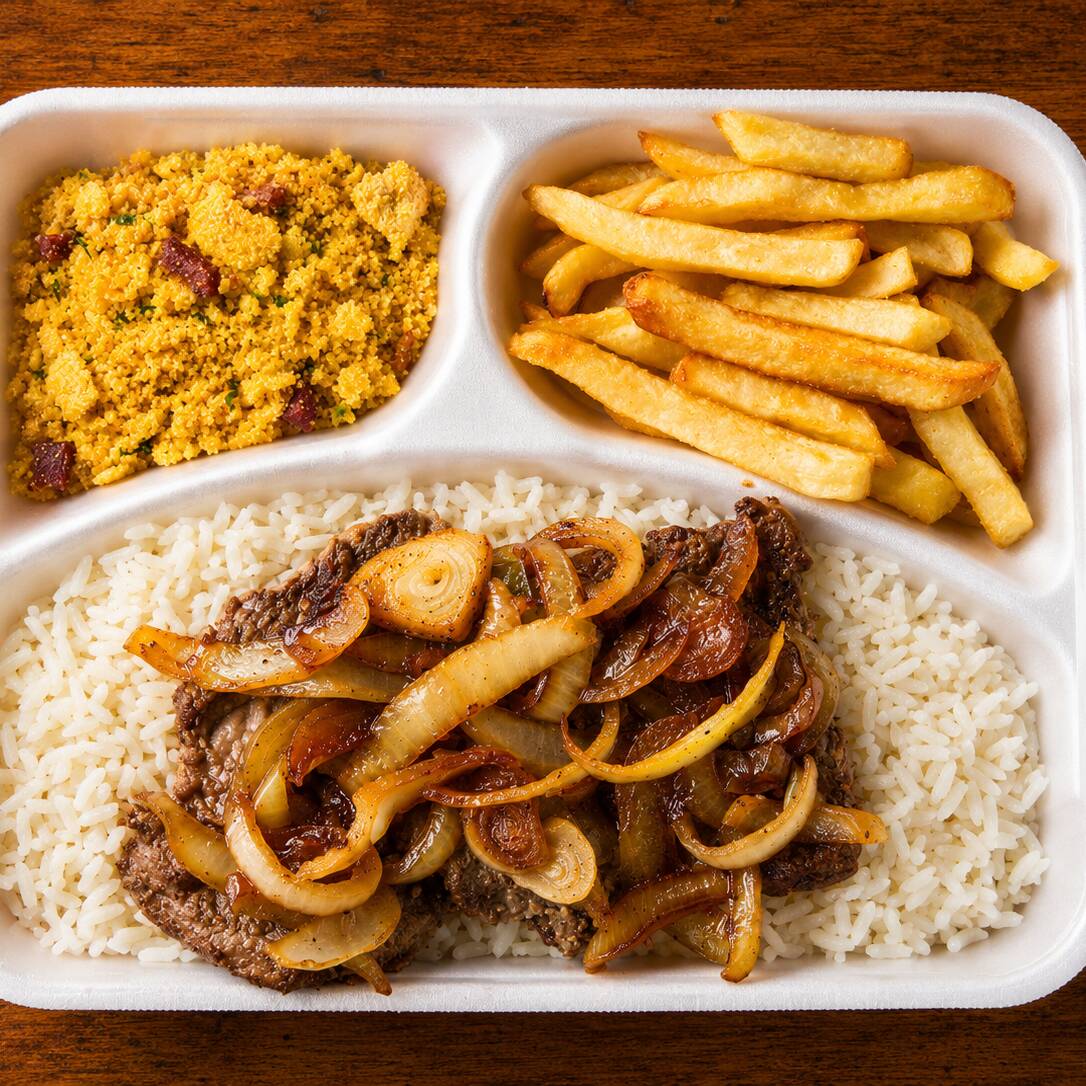 Delicioso bife de alcatra acebolado aocmpanhado de arroz soltinho, feijão carioca, batata frita e farofa.