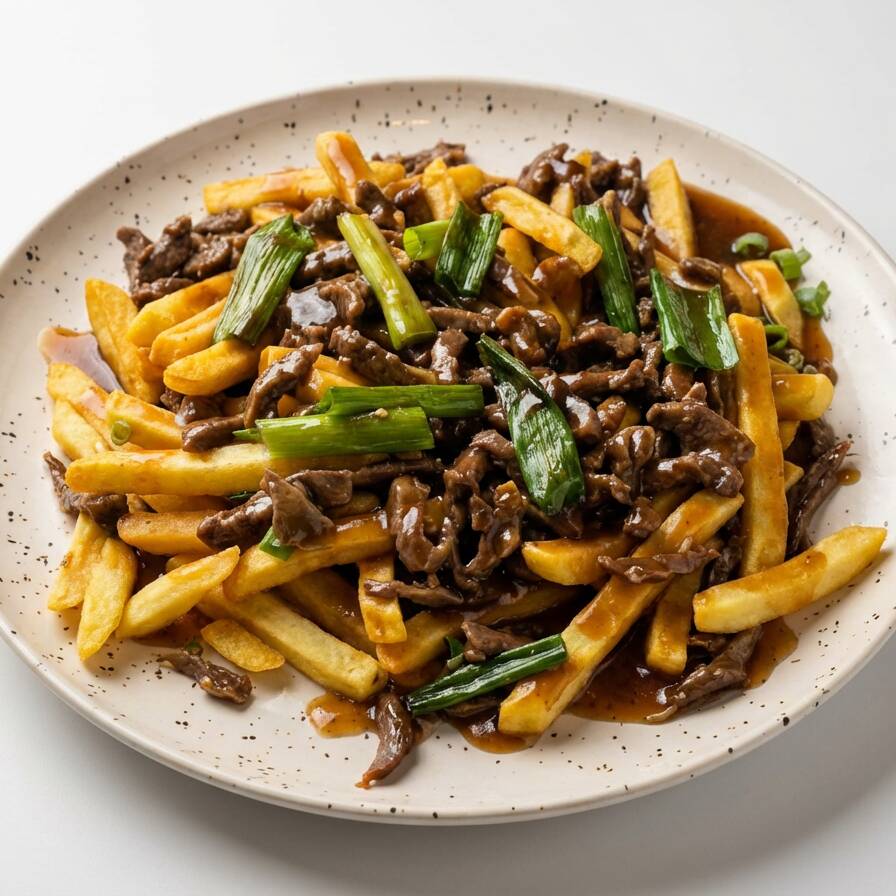 Batata frita com carne palito, cebolinha, alho e gengibre ao molho especial