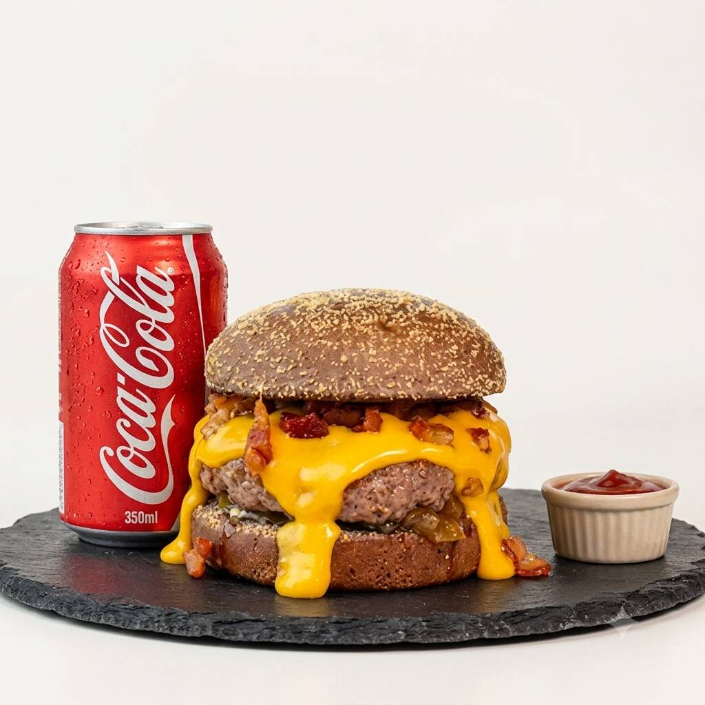 Pão Australiano, Burger bovino 180g, fondue de cheddar cremoso, bacon em cubos, cebola caramelizada e maionese Vaca no Pão + Fanta Laranja 350ml