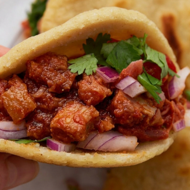 Gordita de Chicharrón en Salsa Roja