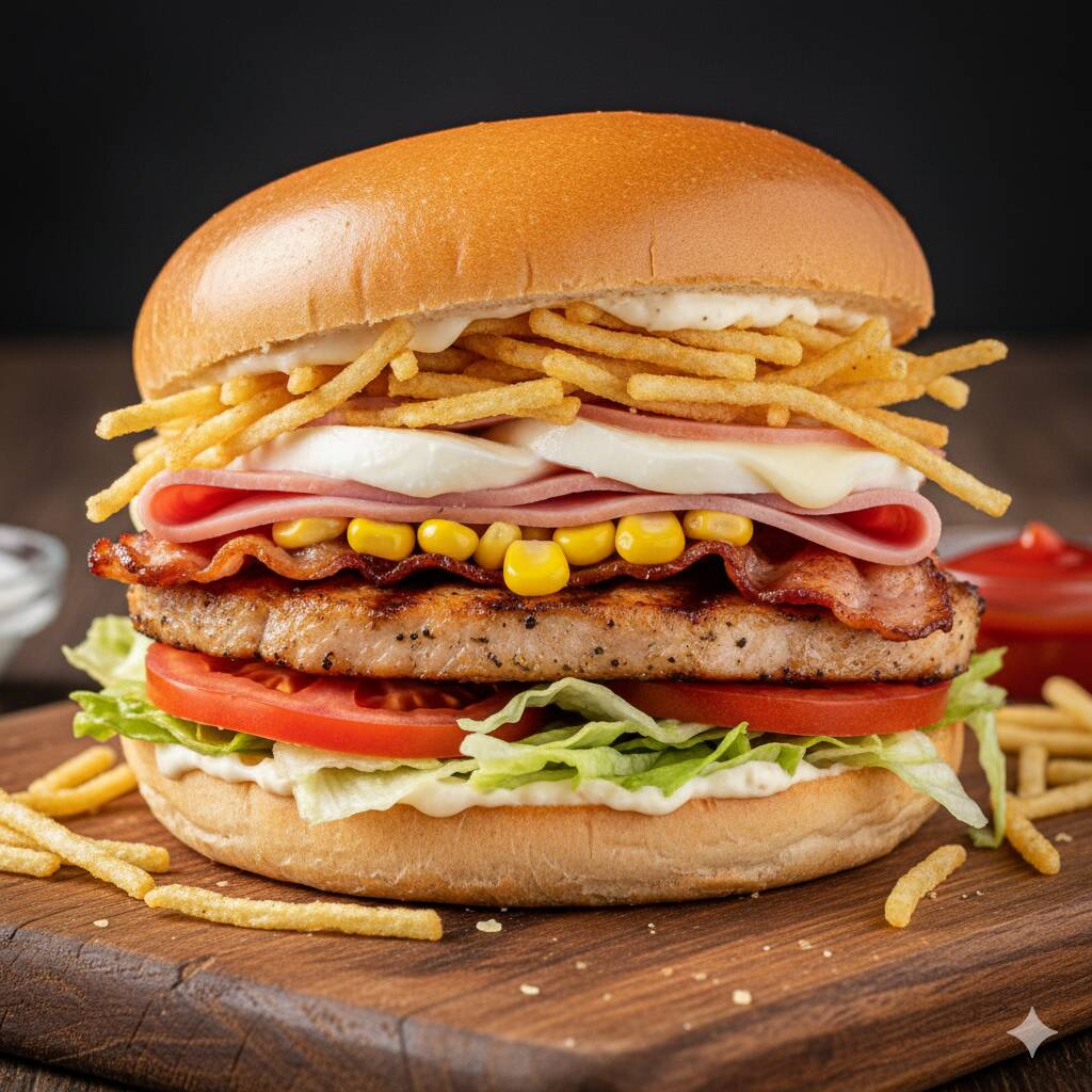 Pão, Lombo Suíno, Bacon, Ovo, Presunto, Mussarela, Milho, Tomate, Alface, Batata Palha