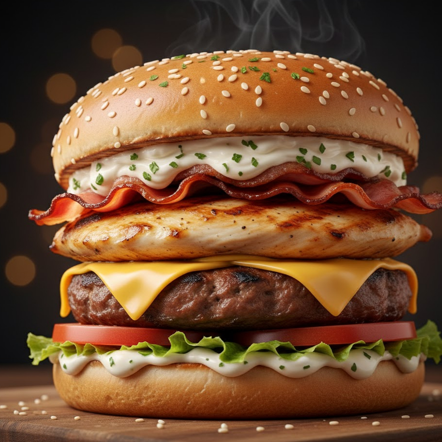 Pão, salada, frango grelhado 120g, bacon, catupiry, queijo, molho mineiro e molho especial