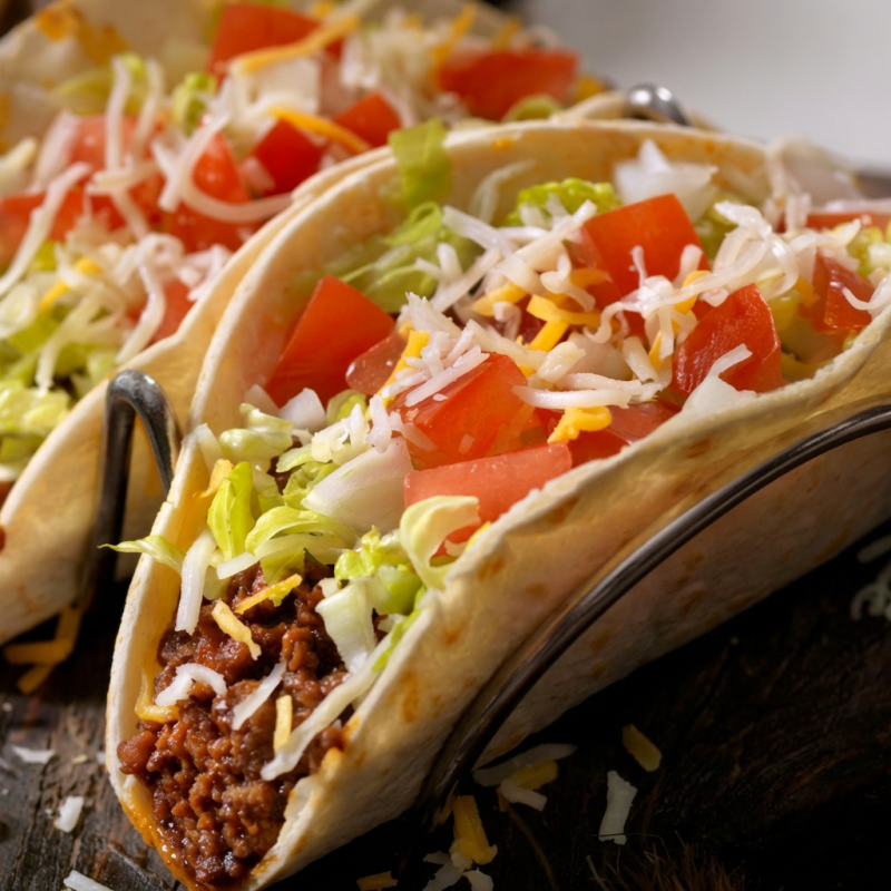 2 tortillas de milho crocantes recheadas com chilli a base de carne vegetal e feijão vermelho, alface, tomate e sour cream. Sem pimenta. Para adicionar pimentas, selecione no campo complementos. para pedir molhos ou pimentas a parte, selecione também o item ""embalagem extra""" Atenção: NÃO TEM COMO RETIRAR COENTRO, CEBOLA E ALHO