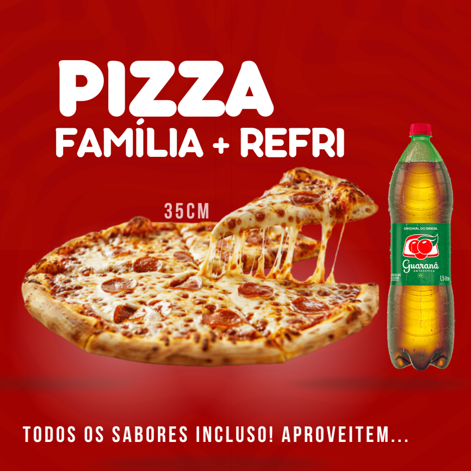 1 Pizza familia ( 35cm ) com bebida grátis de 1,5l escolha até 2 sabores por pizza.  serve de 4 a 5 pessoas