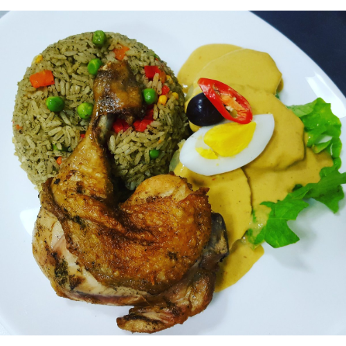 Arroz con Pollo con Papa a la Huancaina