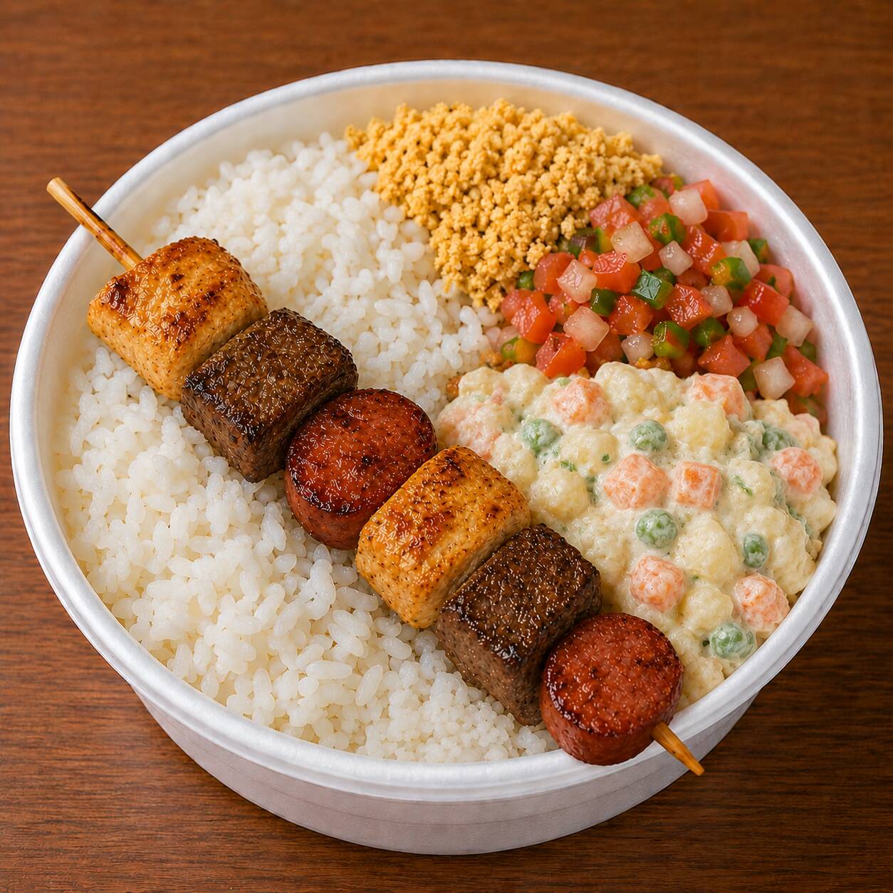 Essa promoção acompanha 1 espetinho de Misto, arroz , farofa, molho à campanha e maionese.