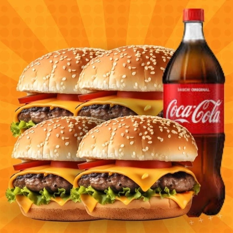 4 Hamburgueres especiais + refrigerante de 2L ( ingredientes dos hamburgueres: pão brioche, carne de 80g, calabresa, queijo mussarela, lanche, ovo, batata palha, tomate, pepino e alface.