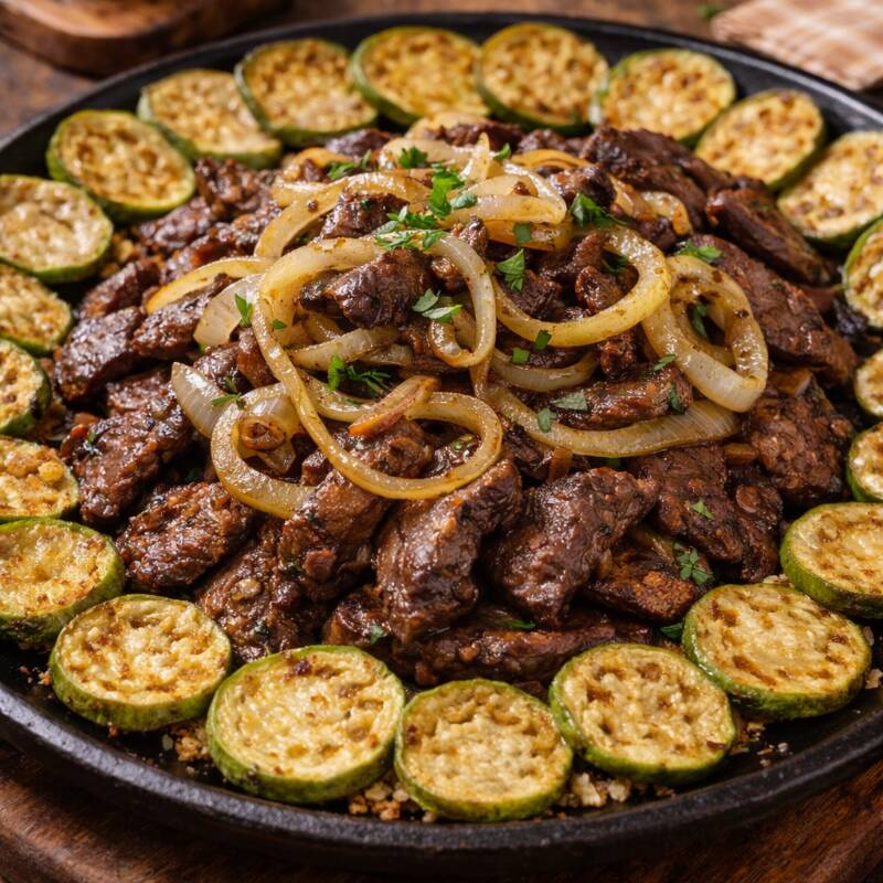 Fígado bovino cortado em tiras, selado na chapa bem quente pra ficar macio e suculento, finalizado com cebola dourada no ponto certo. Ao redor do prato, jiló fatiado fino e frito, crocante por fora e com aquele amarguinho clássico que equilibra tudo. Prato raiz, mineiro de verdade, forte, honesto e cheio de sabor. Combina demais com cerveja gelada e conversa boa.