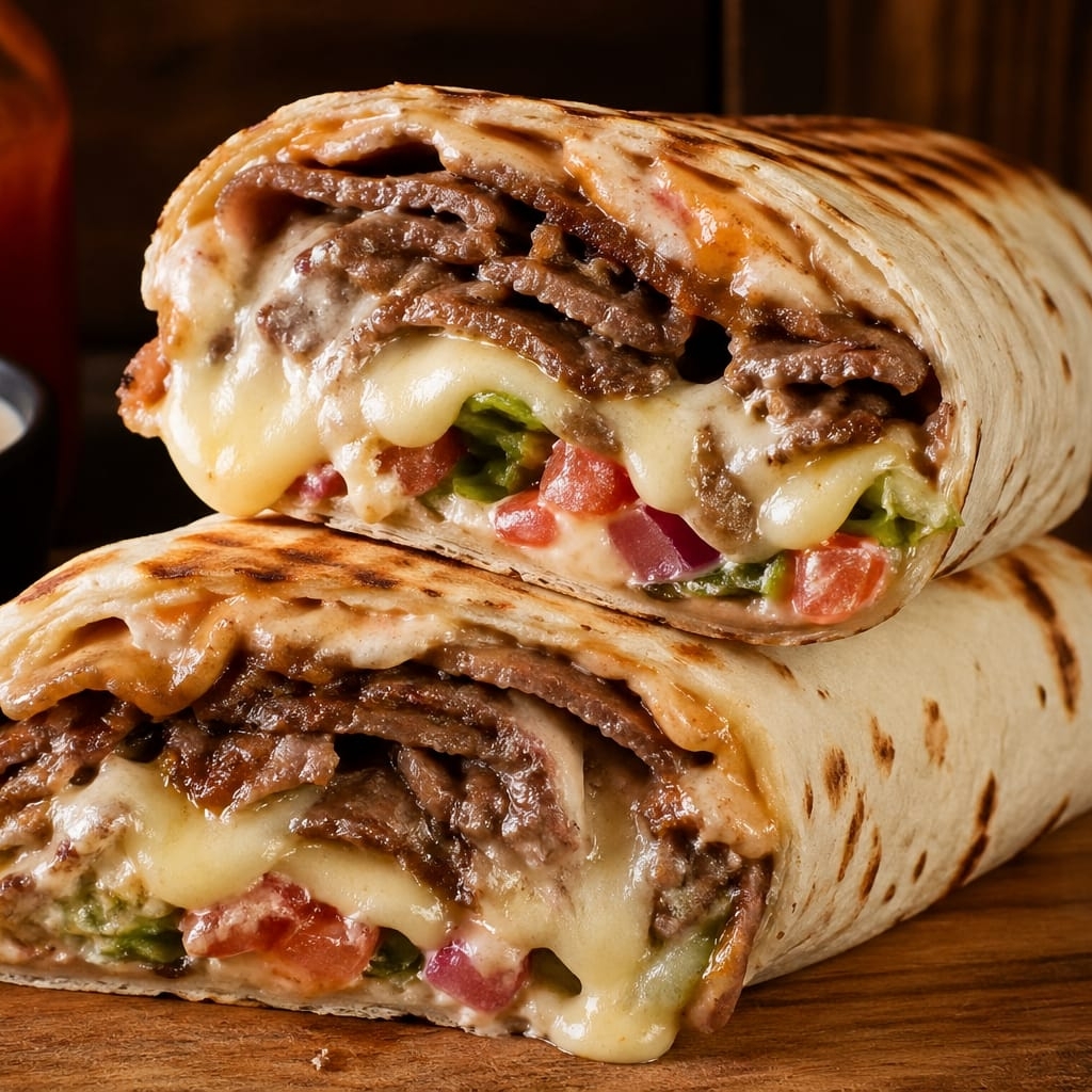 Shawarma de carne bovina com adição de queijo derretido, alface crocante e molho especial.