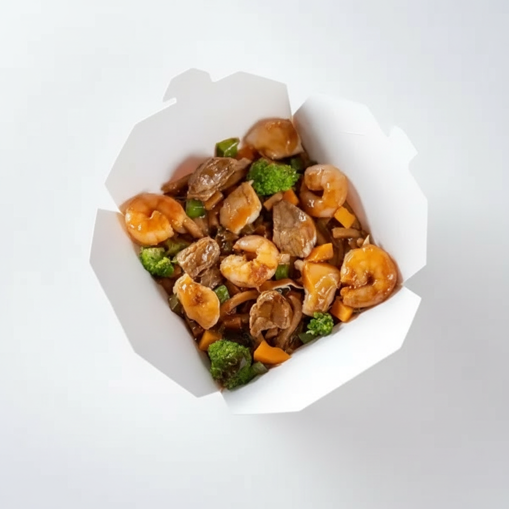 Camarão, carne, frango, macarrão cozido e legumes.