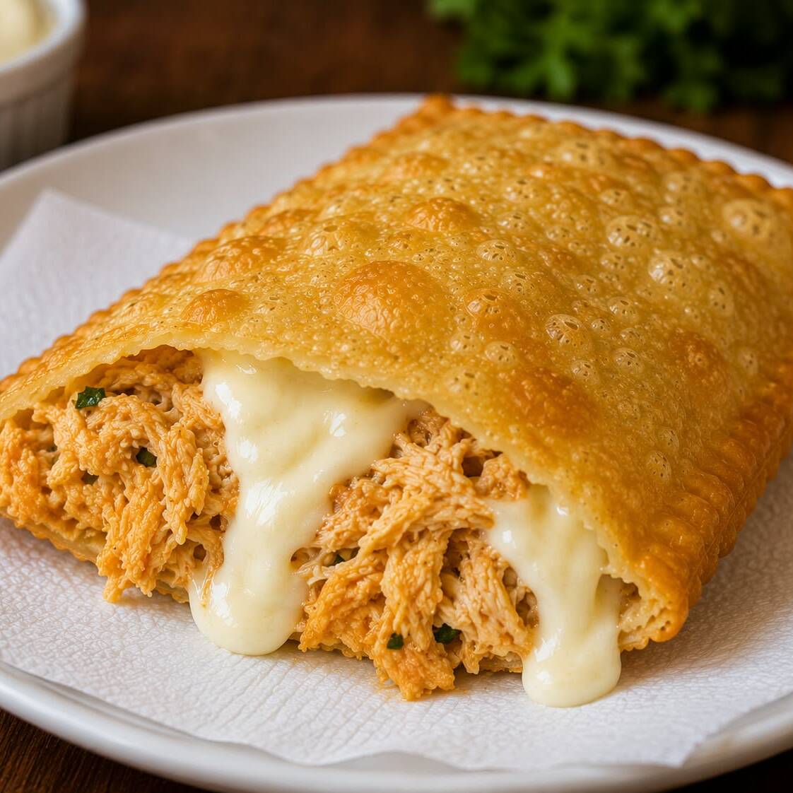 Uma combinação de dar agua na boca, massa douradinha e levinha recehada com frango desfiado e a cremosidade irresistivel de requeijão.