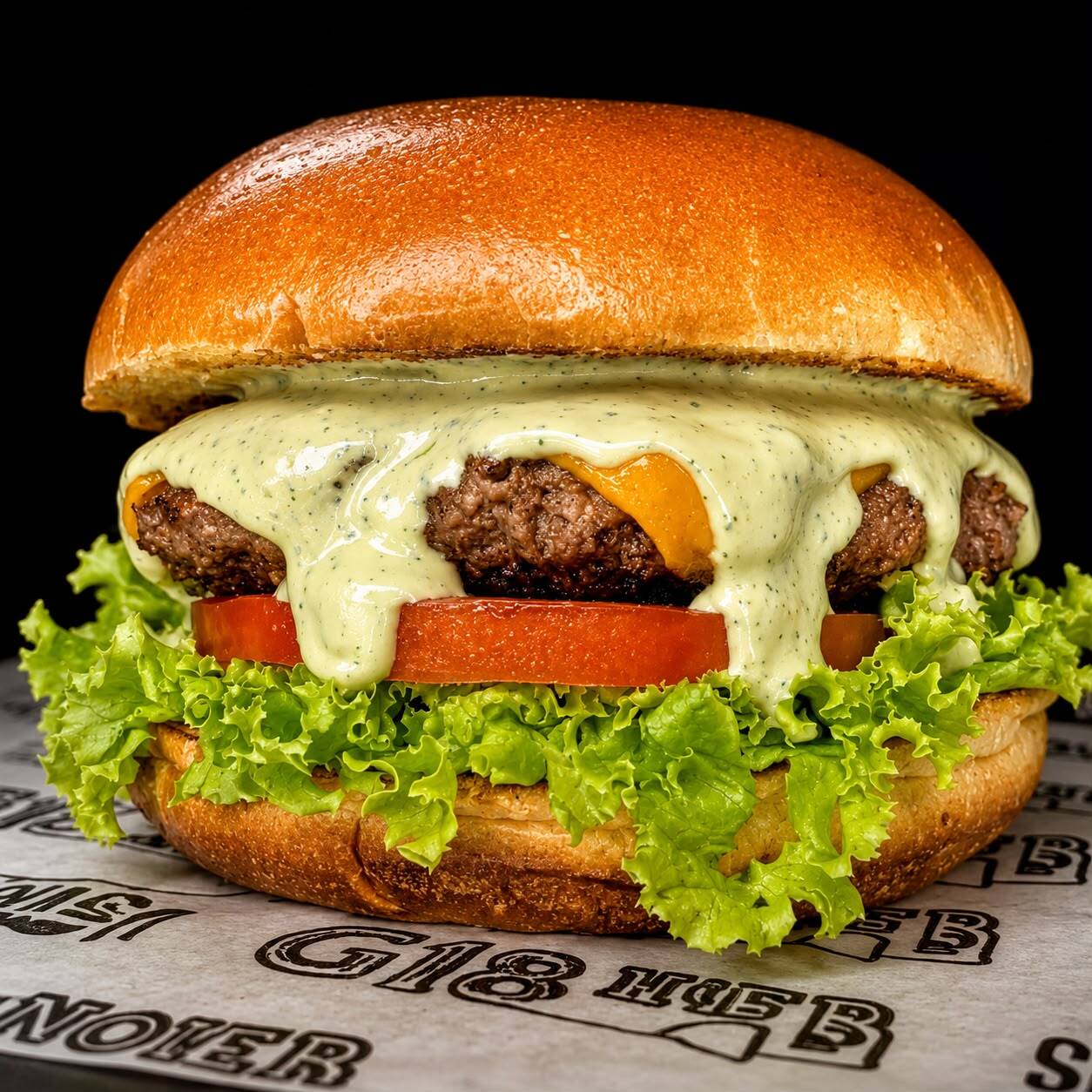 Sedutoramente empilhado, o 'G18' é uma das estrelas da nossa categoria 'Hambúrgueres Clássicos'. Este prato irresistível começa com um pão de textura perfeita, seguido de um suculento hambúrguer artesanal de 120g, feito com a mais alta qualidade de carne. Acrescentamos uma generosa fatia de queijo cheddar, derretendo para criar aquele mordida irresistivelmente cremosa. Uma camada de alface crocante e tomate fresco adiciona o contraste necessário, enquanto nosso molho especial, guardado a sete chaves, dá o toque final a este espetáculo de sabor e textura. Uma verdadeira explosão de sabores!