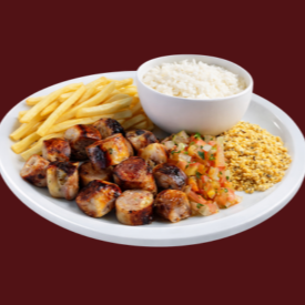 Da Casa. Linguiça feita de puro pernil e queijo coalho, toque de especiarias. Acompanha arroz, feijão, farofa e fritas. Foto ilustrativa.