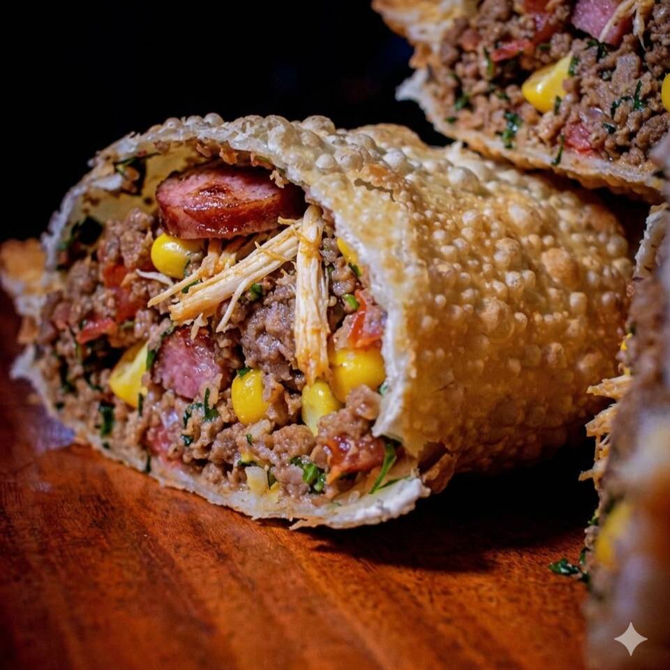 Pastel GG com carne moída+ milho+ calabresa+ frango + catupiry