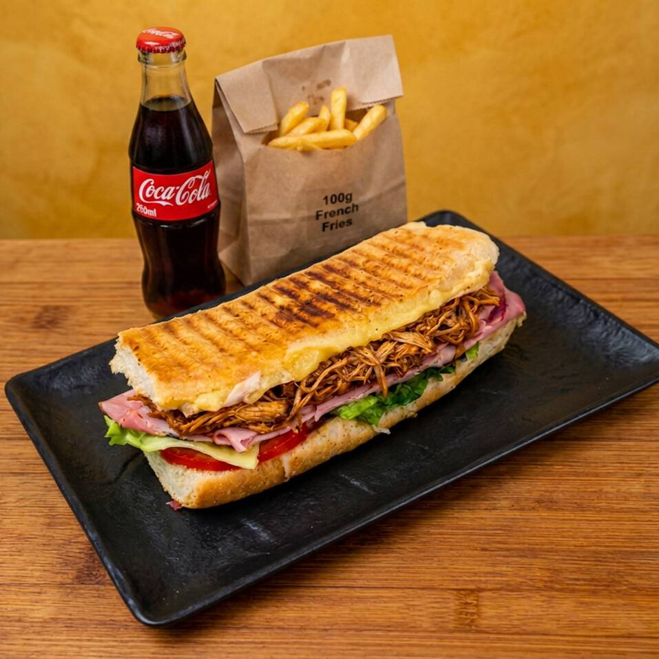 Sandwich con Cerdo Desmechado + Papas + Bebida