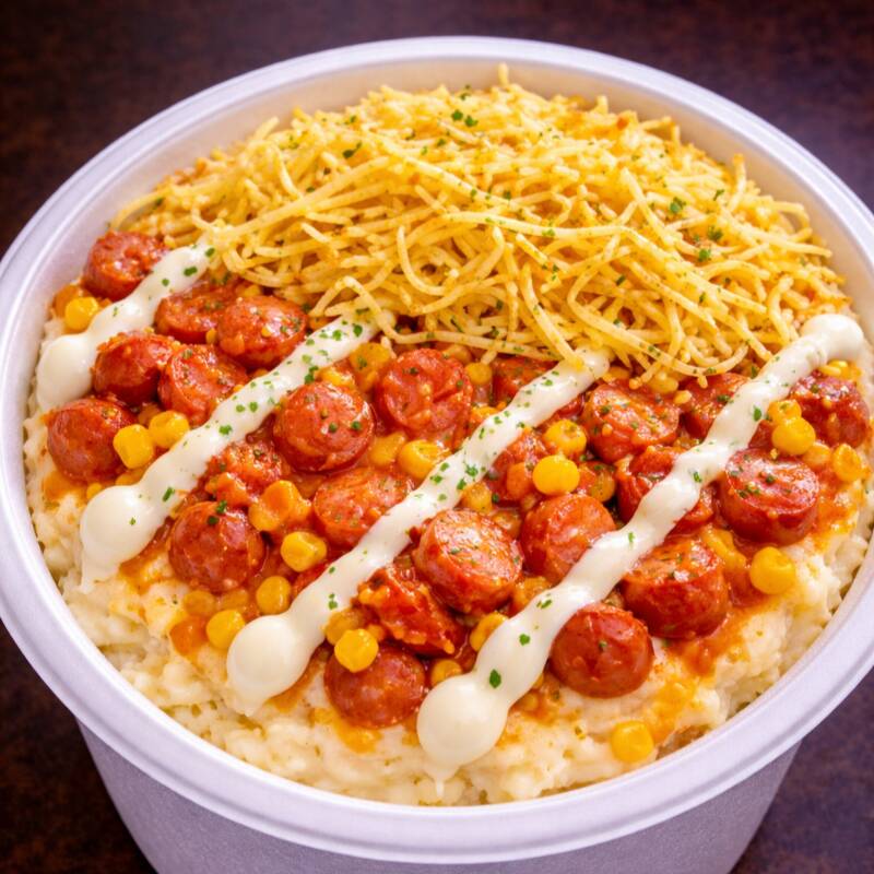 Batata cremosa inspirada no clássico hot dog brasileiro, com salsicha em molho especial, milho, queijo mussarela derretido, requeijão cremoso, e batata palha crocante.