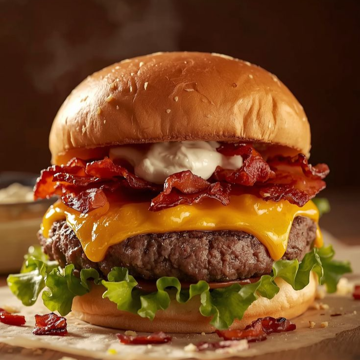 Dois Blend 90g maionese caseira defumada ,bacon crocante e alface e tomate