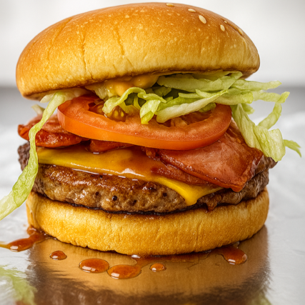 BURGER 120 GRAMAS, 2 FATIAS DE QUEIJO, CALABRESA, MAIONESE DEFUMADA, ALFACE, TOMATE E CEBOLA NO PÃO DE BRIOCHE (DO TAMANHO DA SUA FOME).