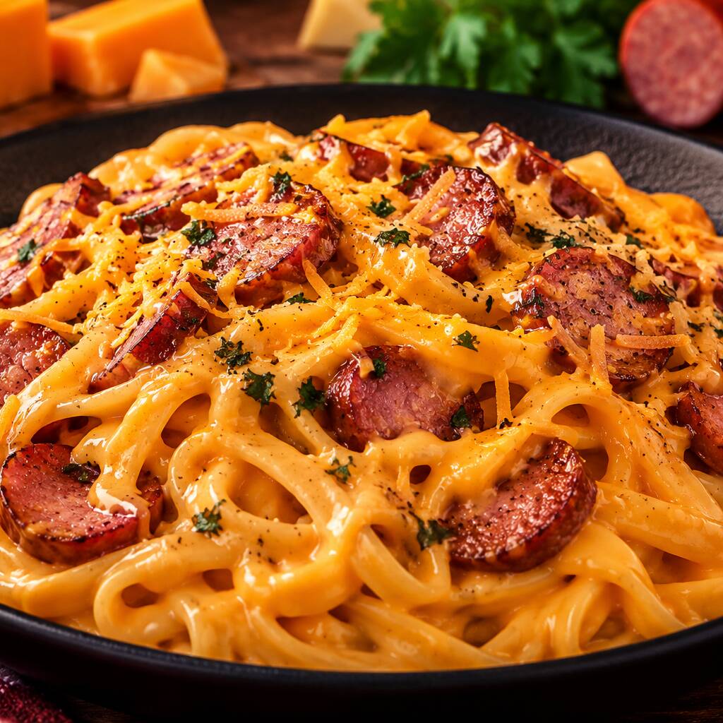 “Talharim envolvido em um cremoso molho de cheddar original, com calabresa fatiada e muçarela derretida. Uma combinação cremosa, saborosa e irresistível!”