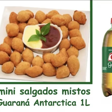 80 Mini salgados mistos - 20 und de cada sabor: (coxinha, requeijão, salsicha e presunto e queijo). Obs: Não podemos alterar os sabores dos salgados e não acompanha molhos. Acompanha Guaraná Antarctica 1lt