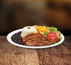 Uma porção generosa de picanha maturada fatiada (aprox. 150g in natura), grelhada para realçar sua maciez e sabor único. Acompanha: Arroz, feijão, salada, fritas e molho.