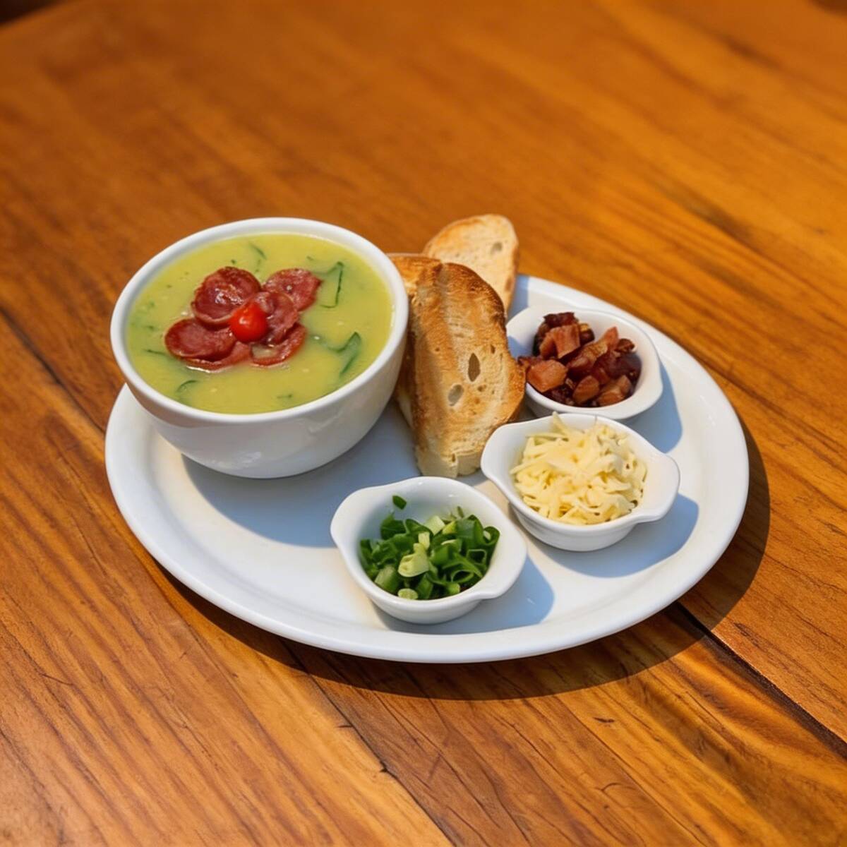 Caldo Verde a base de Couve com Calabresa.
Acompanha: Queijo Ralado, Bacon em Cubos e Pães