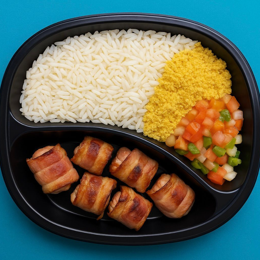 Marmitex repleto de sabor, apresentando um espeto de medalhão de frango premium, envolvido por tiras suculentas de bacon, que proporcionam um sabor irresistível. Acompanha um arroz soltinho e bem temperado, uma farofa crocante e deliciosa, bem como uma vinagrete fresca e picante, que traz um toque de acidez para equilibrar o prato. Este é um dos destaques de nossa categoria 'Espetos Premium'. Uma refeição prática e sofisticada, feita com ingredientes de primeira qualidade, pensada para quem não abre mão de uma boa comida, mesmo na correria do Dia a Dia.