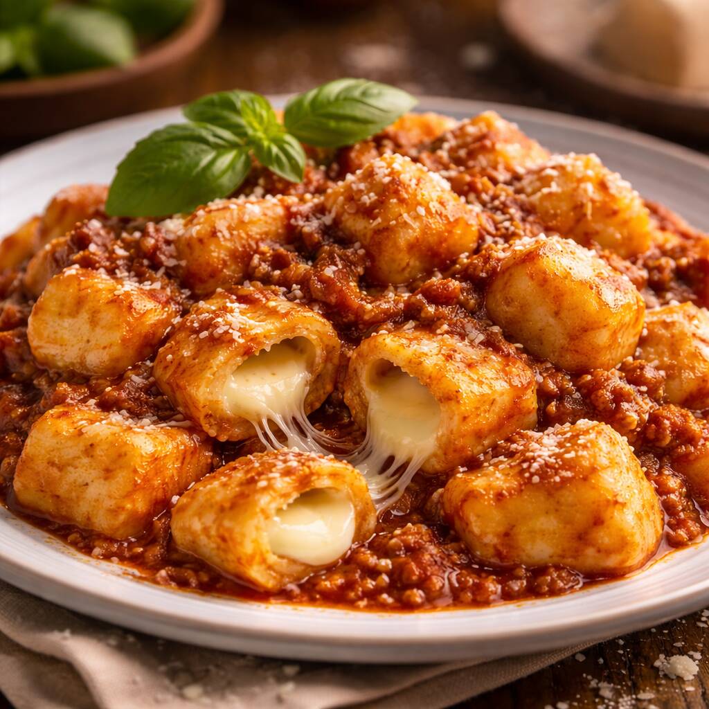 Massa saborosa de nhoque com molho a bolonhesa com queijo