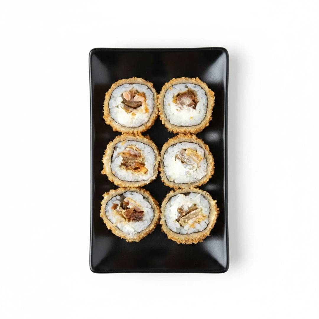 Rolo de sushi com recheio de Skin ( PELE DE SALMÃO FRITA ), cream Cheese e arroz, empanado e frito por fora.