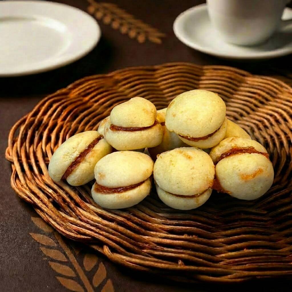 O doce que é sinônimo de carinho e tradição! Biscoitinhos amanteigados recheados com goiabada cremosa, formando o equilíbrio perfeito entre o doce da fruta e a leveza da massa. Delicados, aromáticos e com aquele sabor caseiro que remete à infância — ideais para acompanhar o café ou presentear. • Ingredientes principais: farinha de trigo, manteiga, açúcar, ovos e goiabada. • Diferencial: massa artesanal que derrete na boca e recheio generoso de goiabada artesanal, preparado diariamente. • Alergênicos: contém glúten, leite e ovos.