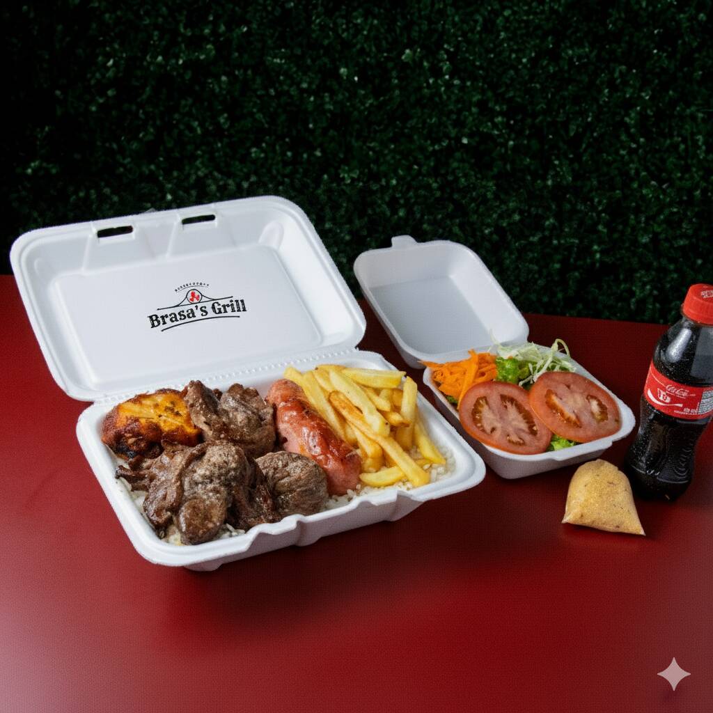 Acompanha arroz, feijão, frango, linguiça, salada com alface e tomate e fritas + refrigerante.