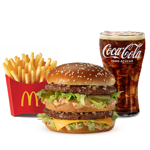 Dois hambúrgueres (100% carne bovina), alface americana, queijo cheddar, maionese Big Mac, cebola, picles e pão com gergelim, acompanhamento e bebida.