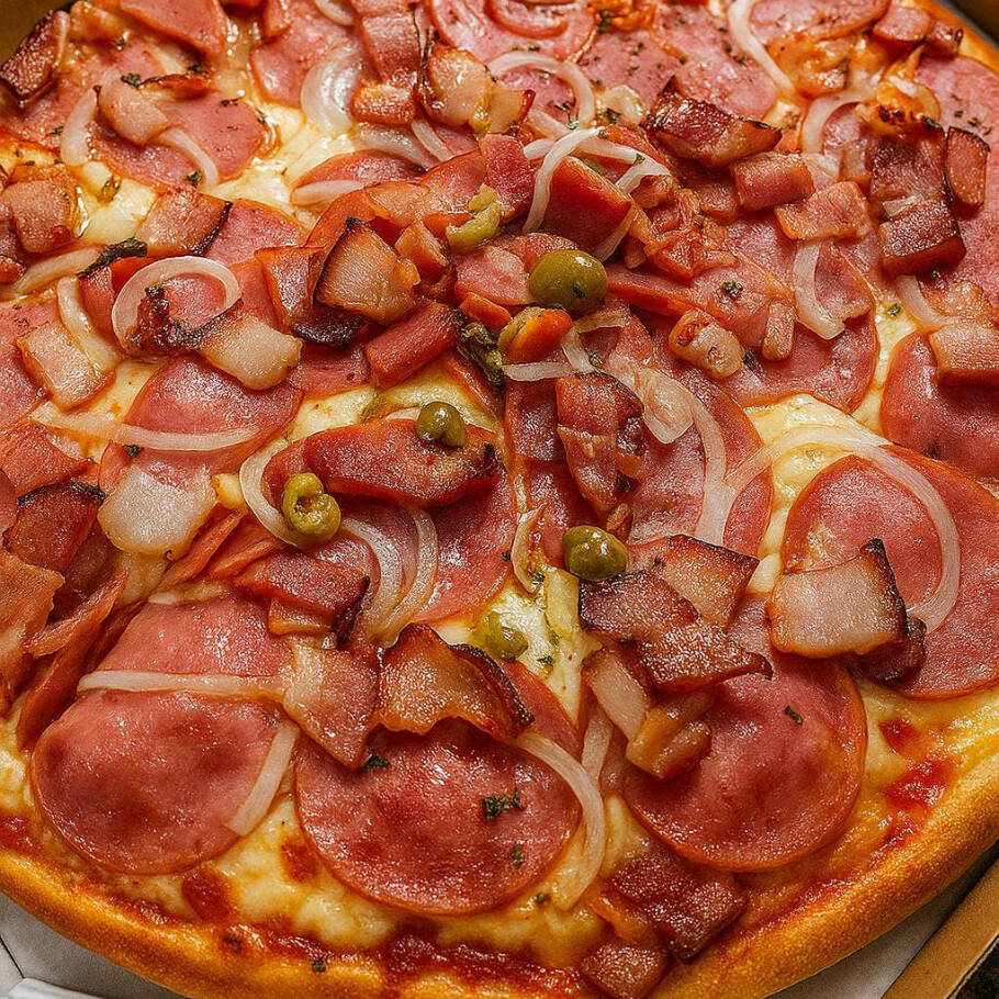 MASSA TRADICIONAL, MUSSARELA, CALABRESA, BACON, AZEITONAS E OREGANO