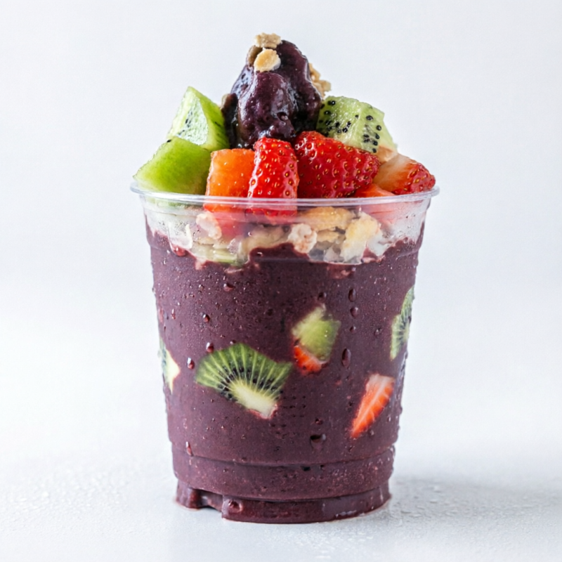 Copo 300 Ml de açaí puro ou acompanhado de complementos a escolher e caldas diversas. Você pode escolher cinco complementos e uma calda.