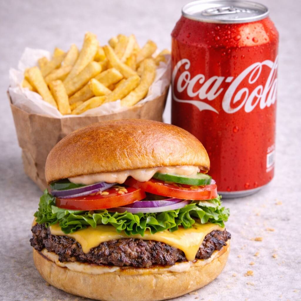 BURGER DE 130G COM OVO, SALADA E QUEIJO MUSSARELA + BATATA DE 100G + REFRI DE 220ML