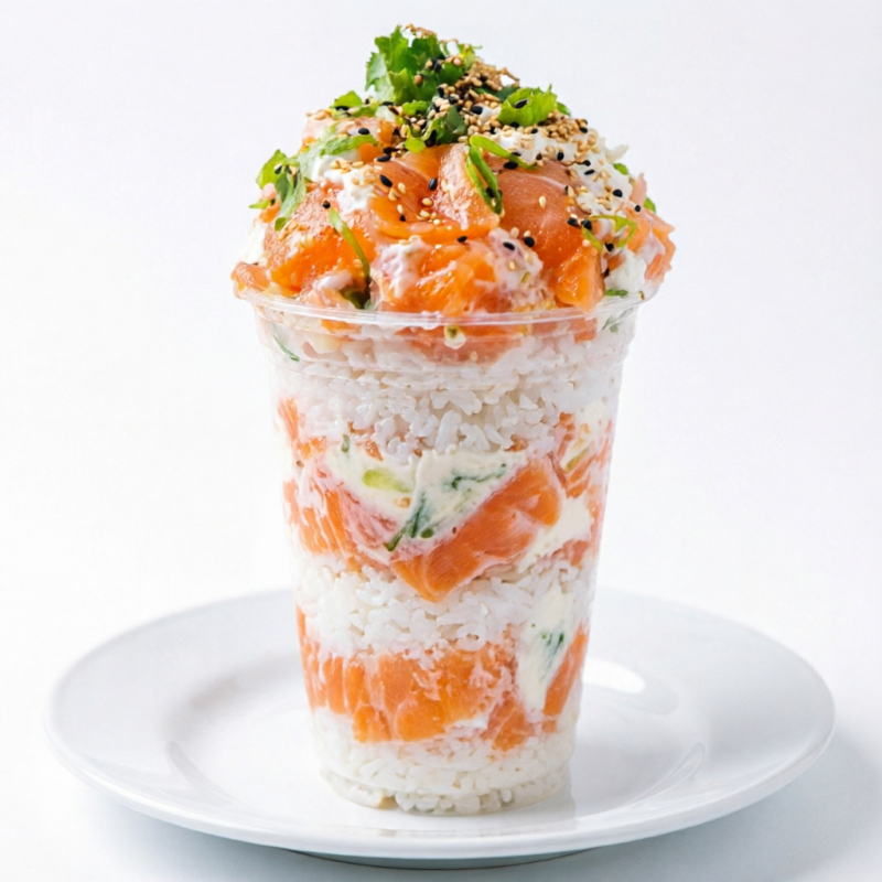 Copo de sushi filadélfia, contem: Arroz japonês, salmão em cubinhos, cream cheese, gergilim
Foto ilustrativa