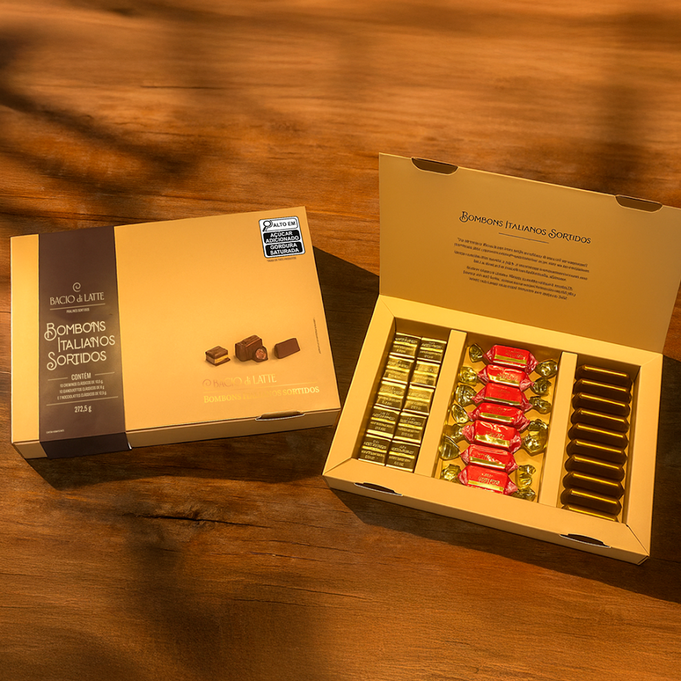 Caixa com 3 bombons de chocolate ao leite com avelãs (Gianduiotto, Cremino e Nocciolatte), feitos com ingredientes selecionados e receitas italianas, em embalagem sofisticada para uma experiência sensorial única.