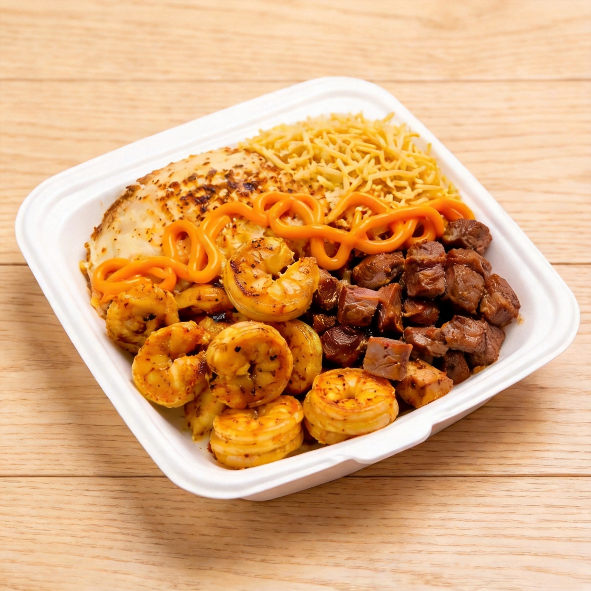 Pirão + Camarão + Carne do sol + queijo macio Vinagrete + Batata palha + cheddar